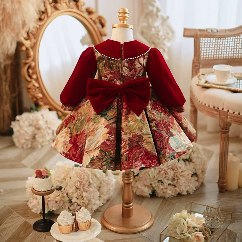 Red long sleeved girls' New Year's dress princess dress baby's first year dress