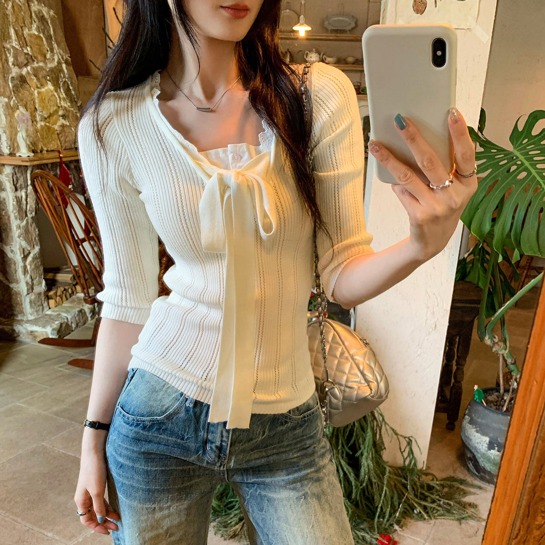 Lace Spliced Mock Two-Piece Knotted Knit Top for Women