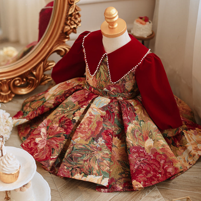 Red long sleeved girls' New Year's dress princess dress baby's first year dress